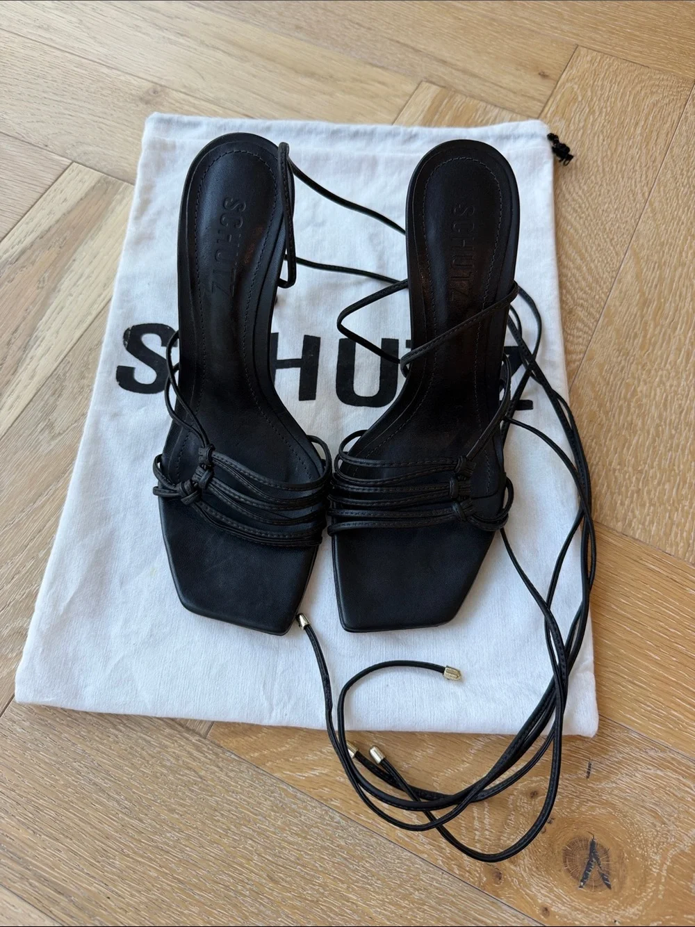 SCHUTZ Black Lace-Up Stiletto Mules
